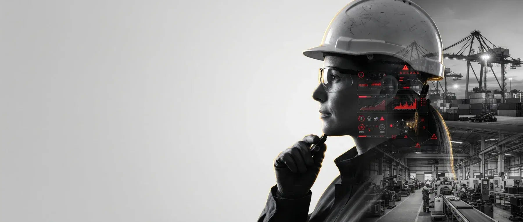 Engenheira de manutenção de capacete em perfil, com porto, fábrica e painéis de dados com IA sobrepostos