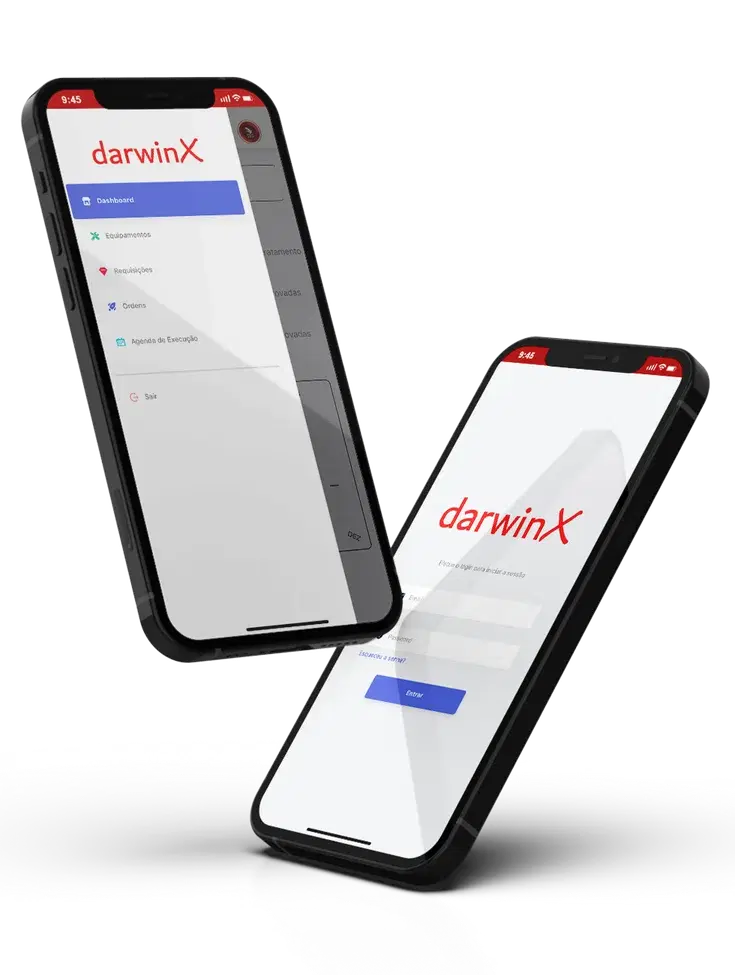 Aplicativo darwinX de gestão de manutenção em dois celulares