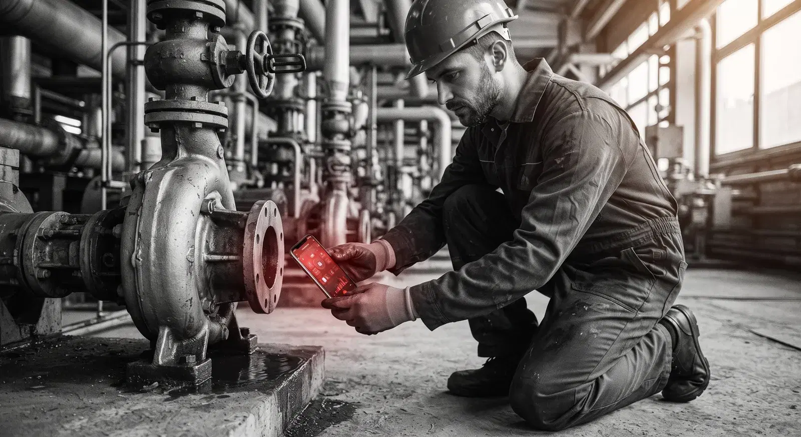 Técnico de manutenção ajoelhado ao lado de uma bomba industrial, registrando um vazamento com o celular no app darwinX