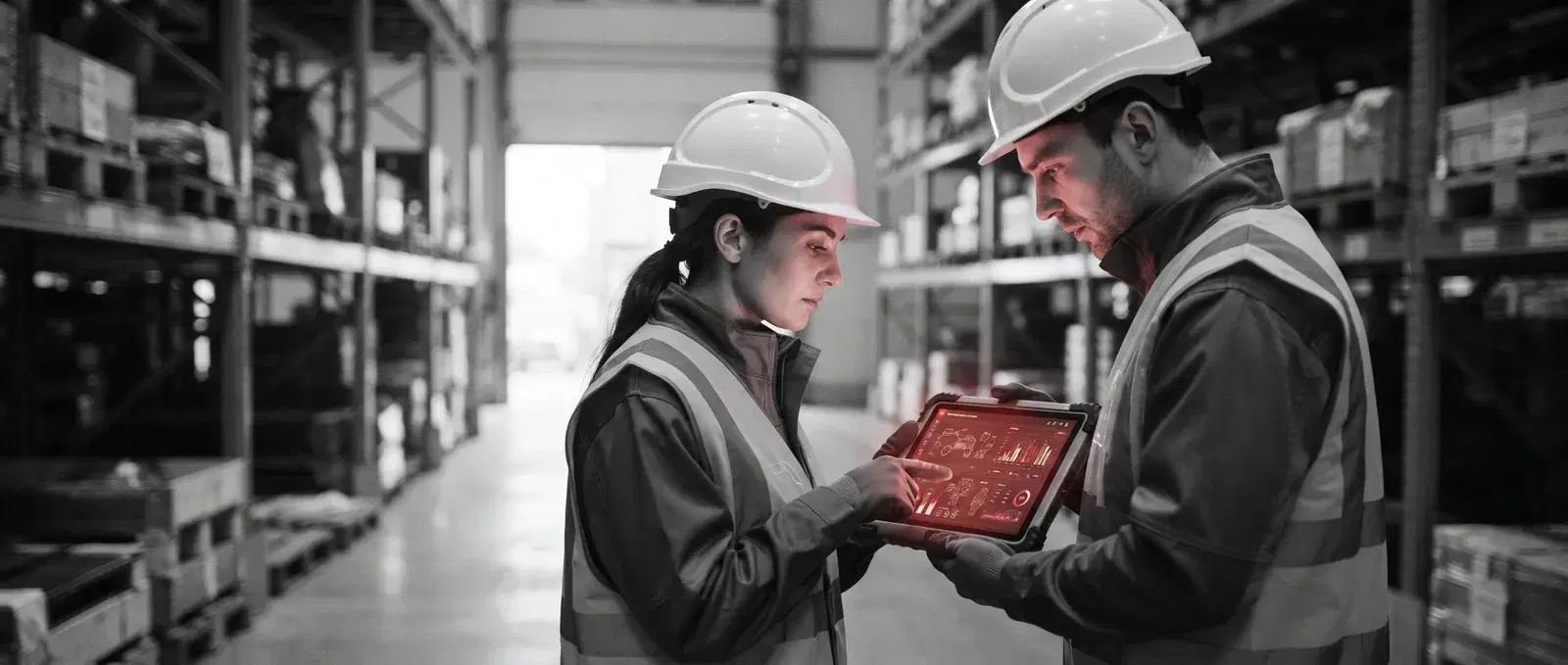Dois técnicos de capacete consultando um painel de manutenção no tablet dentro de um almoxarifado